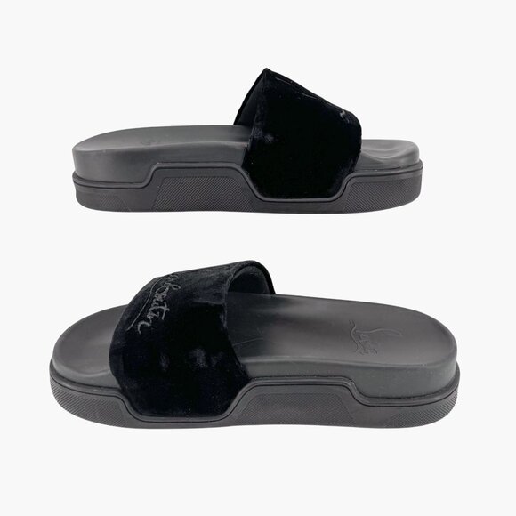 Christian Louboutin 'Navy Pool' Slide Sandals Size 37 US 7 Black Velvet Logo 30 - Picture 10 of 12